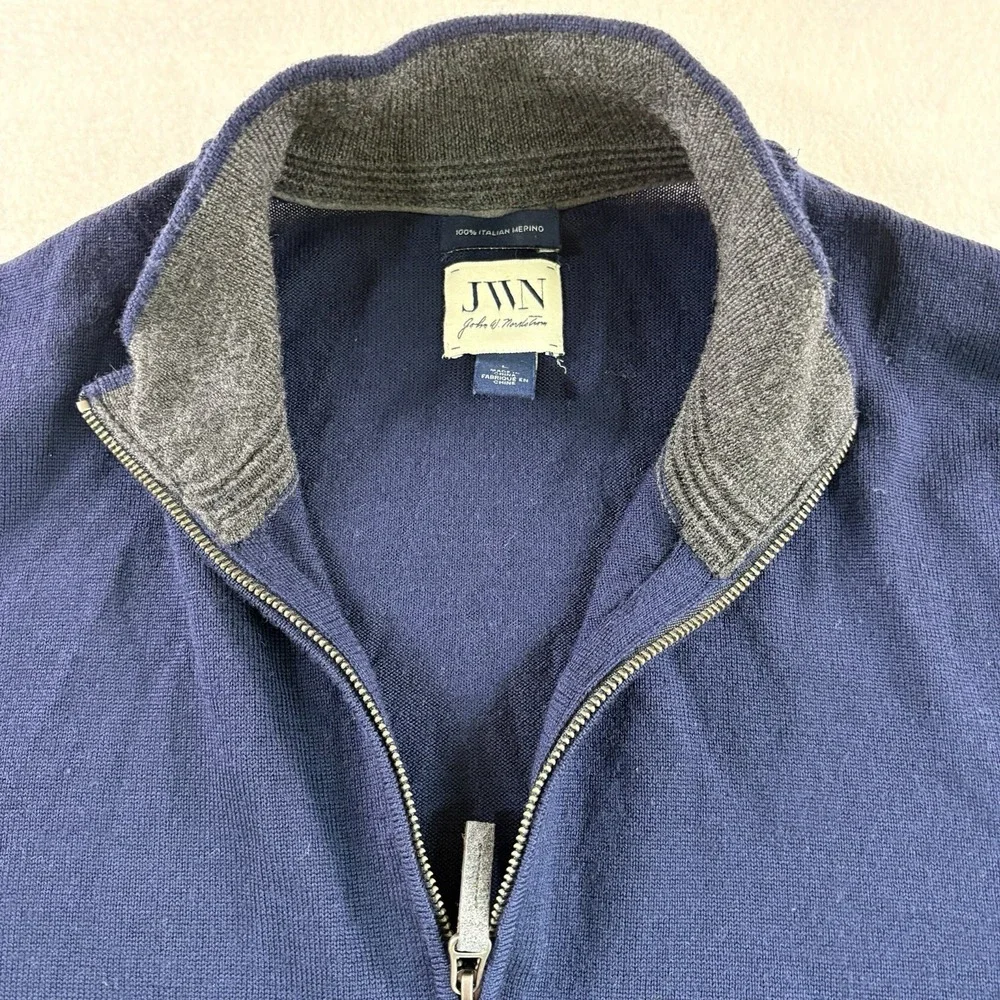 JWN Nordstrom Mens 1/4 zip Italian Merino Wool Pullover Sweater L Blue Preppy